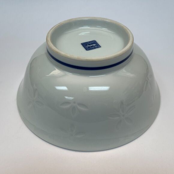 Asian Serving Bowl White Blue Green Floral Flowers Leaves 8 3/8" x 3 3/8" high - Picture 10 of 10